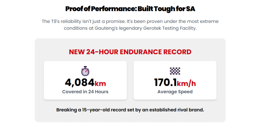Proof of Performance infographic detailing the JAC T9's 24-hour endurance record at Gerotek.
